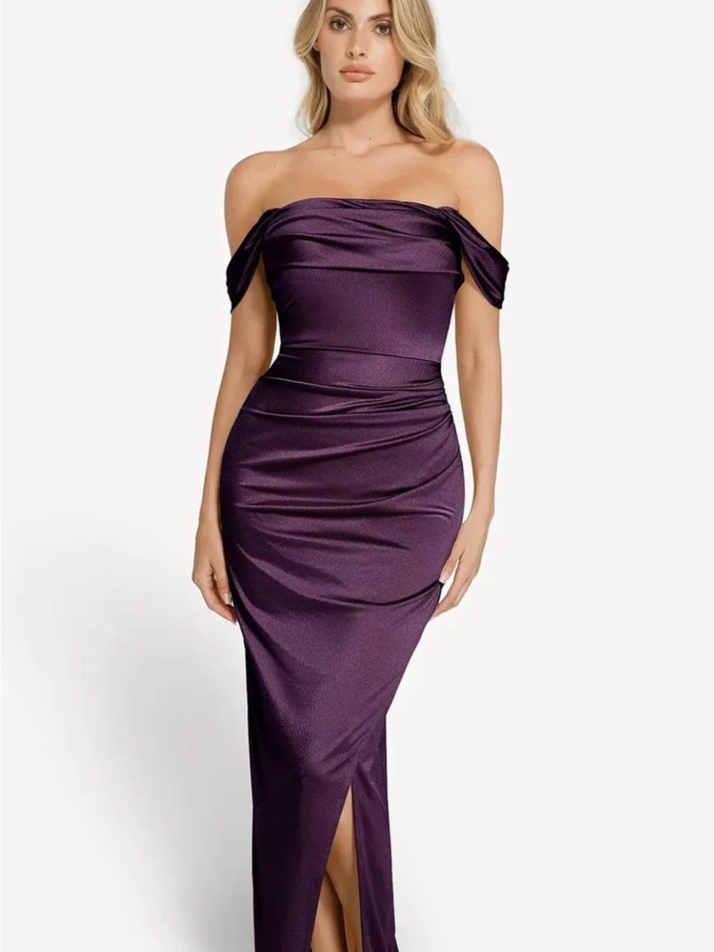 Popilush Off-Shoulder Purple Satin Evening sculpting maxi Dress with shape wear